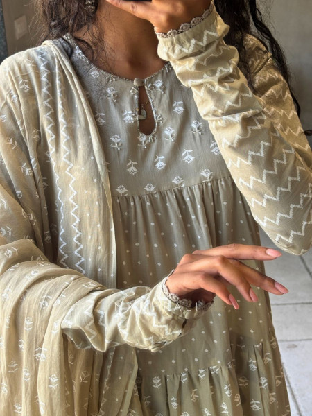 Mireya Beige Cotton Anarkali Suit Set with Printed Design