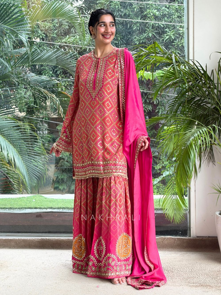 Image of Gota-Kiran Magenta Modal Satin Silk Suit Set