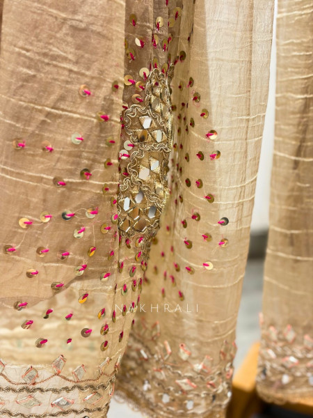 Aisha Beige Tissue Suit Set with Mirror and Gota Patti Work