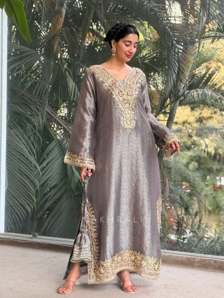 Kyra Grey Straight Dress with Mirror Zari Work