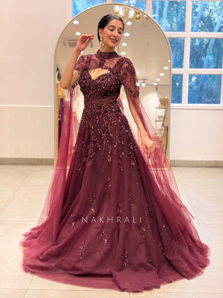 Bordeaux Maroon Soft Net Evening Gown