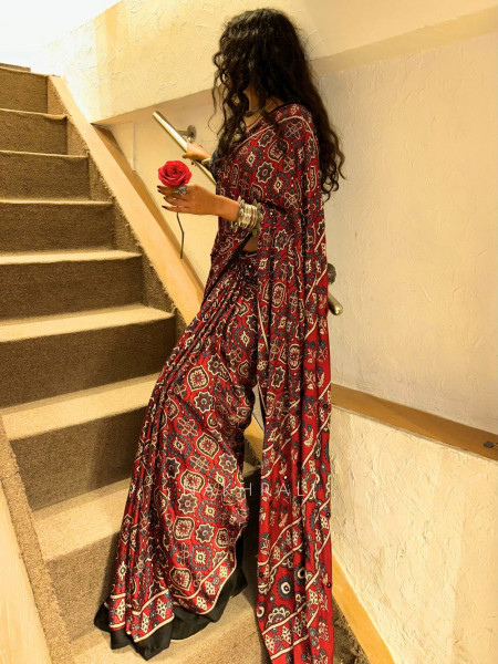 Rudira Maroon Modal Saree with Mirror Work Pallu