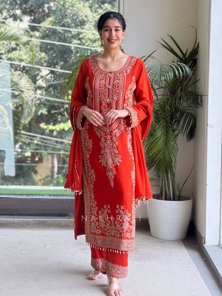 Image of Vermilion  Orange Georgette Crepe-Silk Blend Straight Suit Set