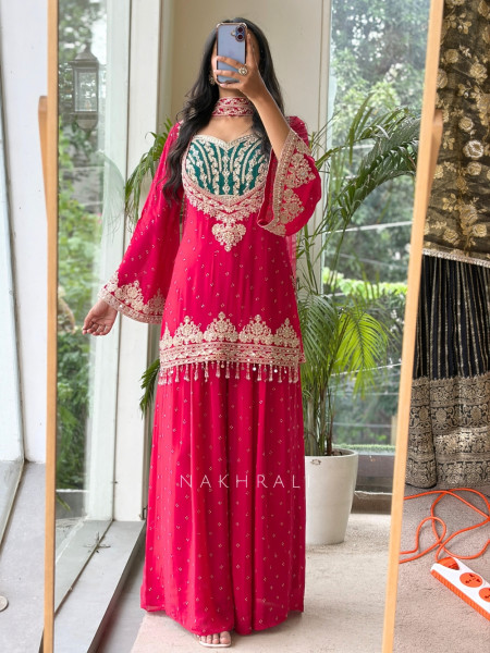 Baroque Ensemble Red Georgette & Velvet Bustier Palazzo Suit Set