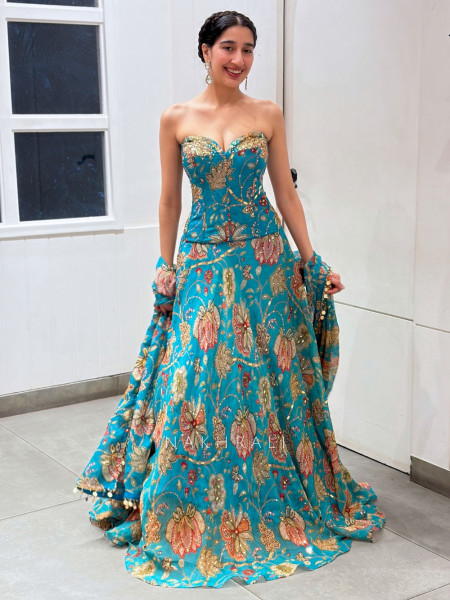 Nakkashi Blue Organza Silk Floral Printed Corset Lehenga Set with Zardozi & Mirror Work