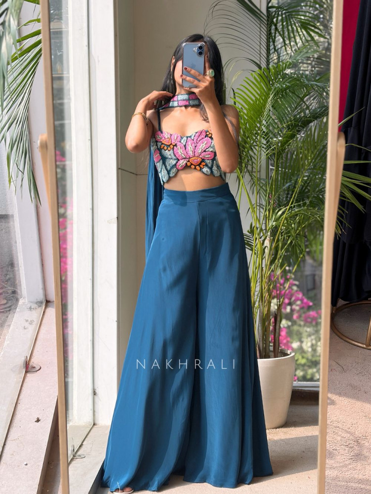 Image of Beaded Bloom Blue Crop Top Palazzo Set with Choker Dupatta