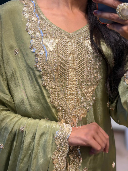 Zayvin Green Zari Tissue Suit Set with Bead Work