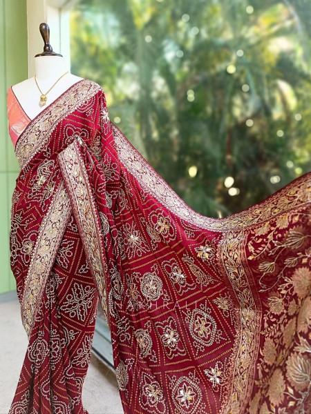 Rivaya Maroon Bandhej Saree With Runing Blouse