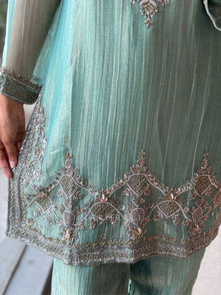 Mrinalini Sea Green Tissue Silk Suit Set
