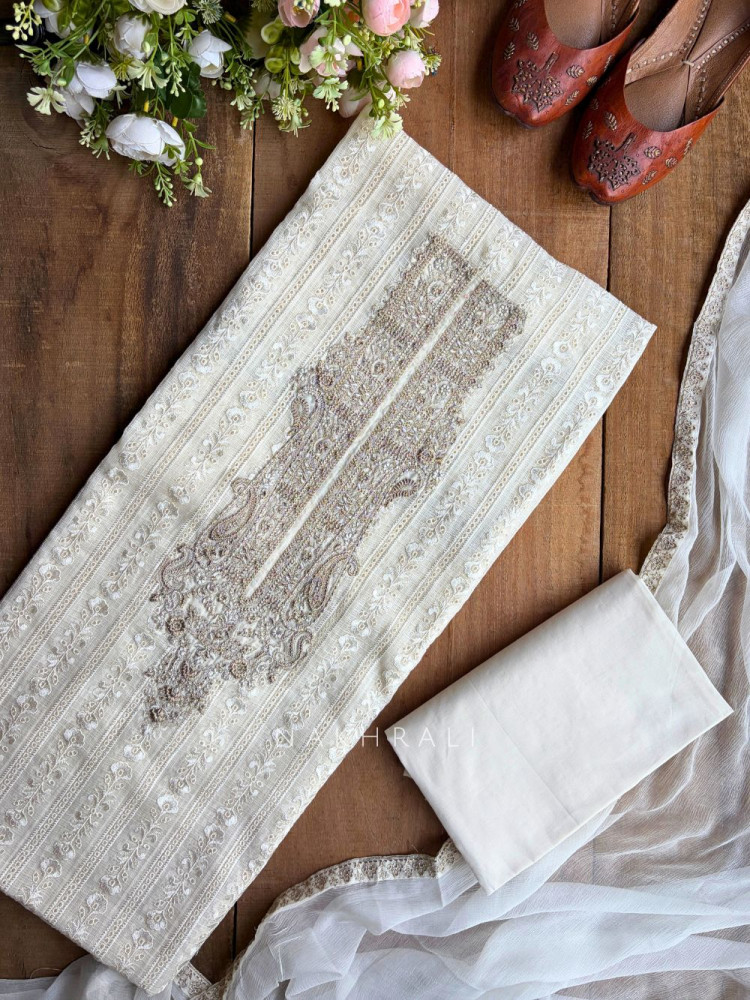 Image of Khumaira Cream Lucknowi Embroidered Dress Material