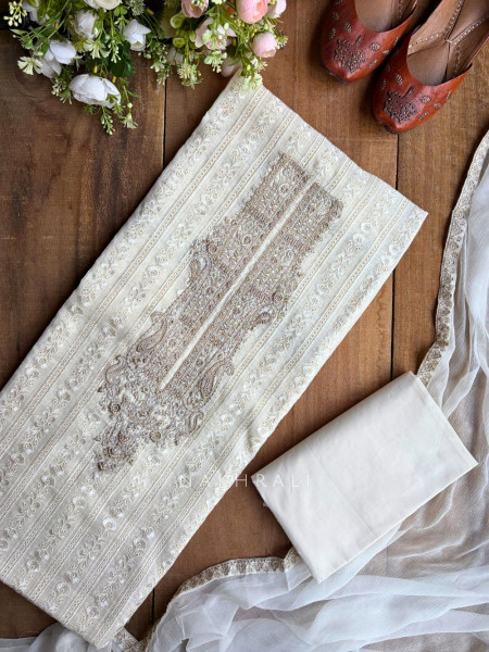 Khumaira Cream Lucknowi Embroidered Dress Material