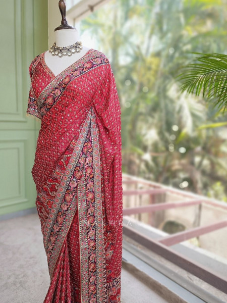 Chitralekha Magenta Printed Saree with Sequin Embroidery