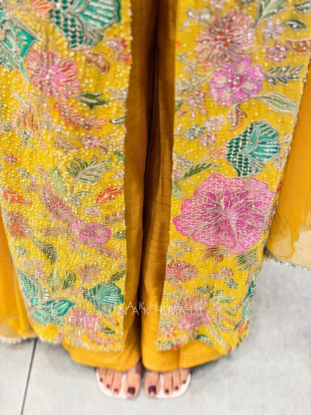 Tirva Yellow Indo Western Palazzo Set with Floral Print and Mirror Work