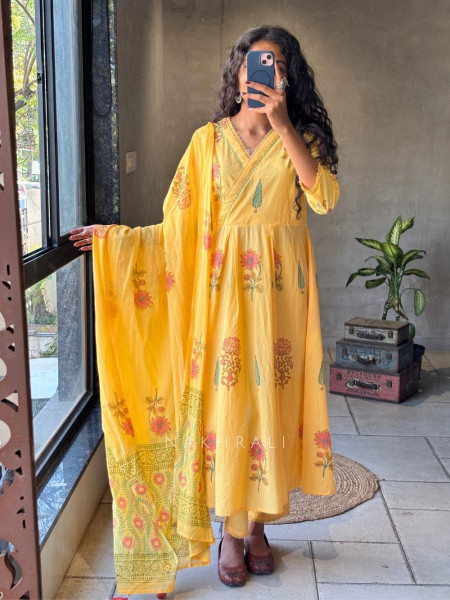 Meadow Yellow Cotton Anarkali Suit Set with Floral Print