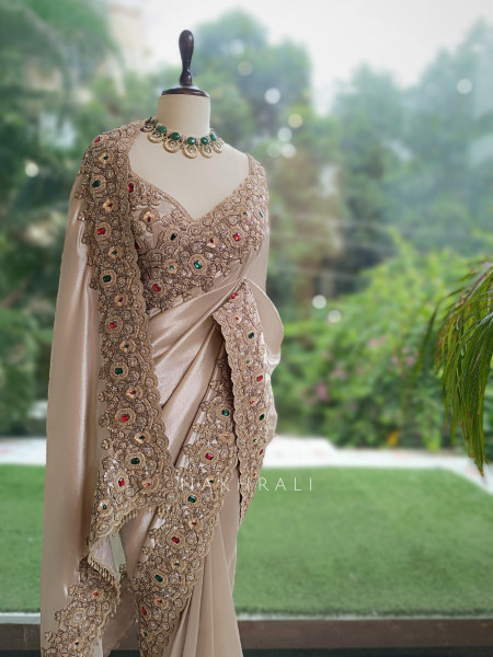 Rajvika Beige Metallic Tissue Silk Saree with Readymade Blouse