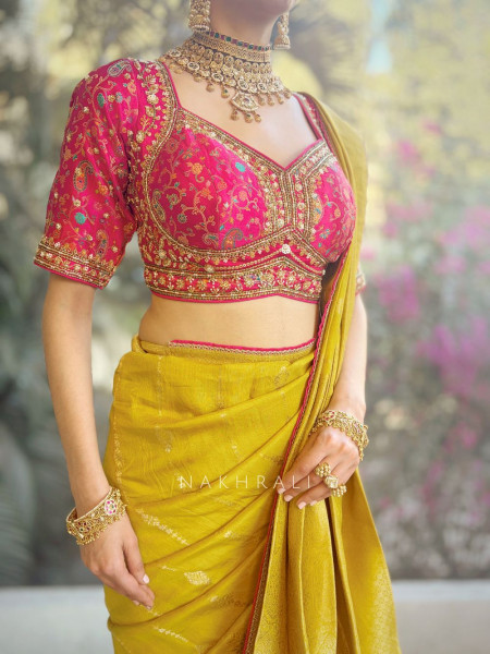 Mrignayani Lime Green Saree with Embroidered Blouse & Brocade Weave