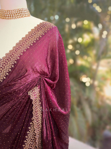 Noira Wine Stone Work Saree with Embellished Border