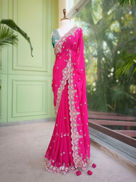 Zynira Magenta Saree with Zari Sequin Work