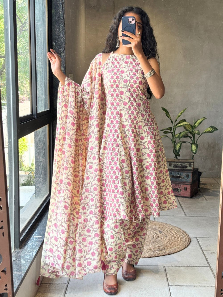 Image of Gulnaar Yellow Rayon Cotton Anarkali Suit Set with Floral Print