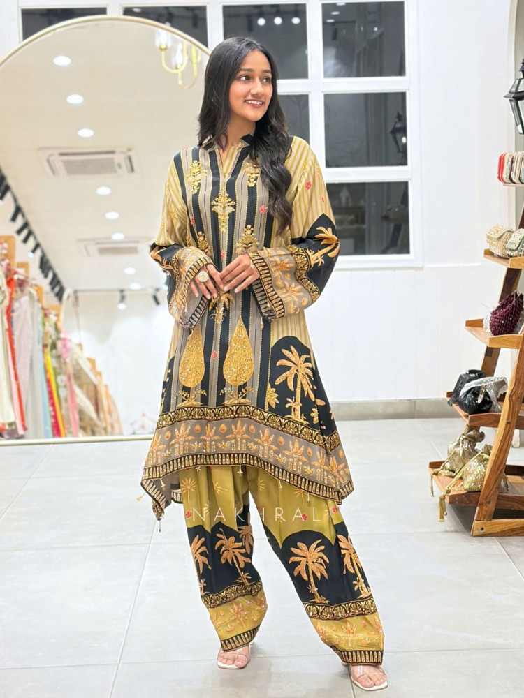 Image of Samira Mehndi Green Viscose-Satin Blend Kurta Pant Set