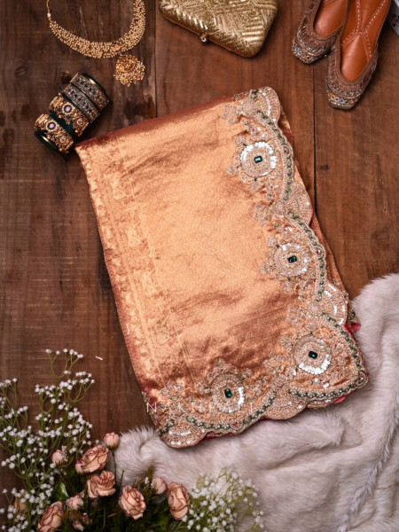 Devyani Peach Tissue Silk Saree with Zari and Zardozi Work