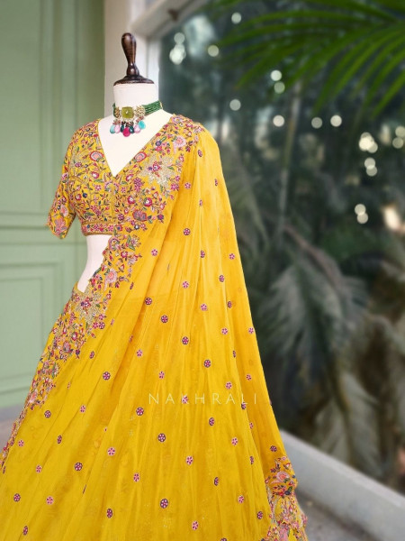 Kesar Yellow Floral Embroidered Lehenga Set