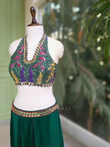 Willow Green Halter Indo-Western Set with Cape Shrug
