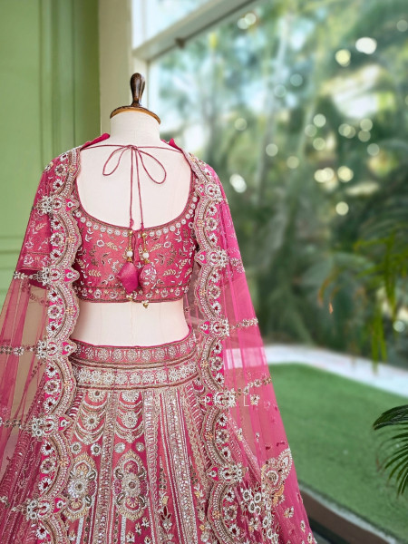 Rosethorne Pink Bridal Lehenga With Zardozi, Resham & Jharokha Work