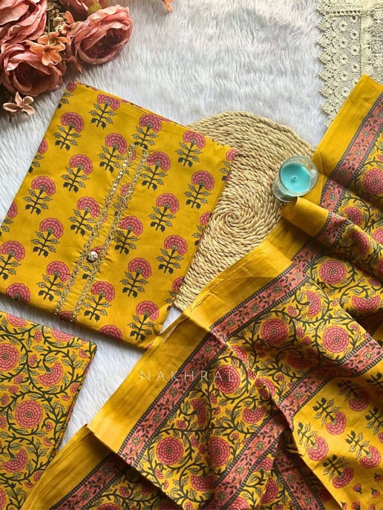 Image of Bela Mustard Cotton Printed Dress Material