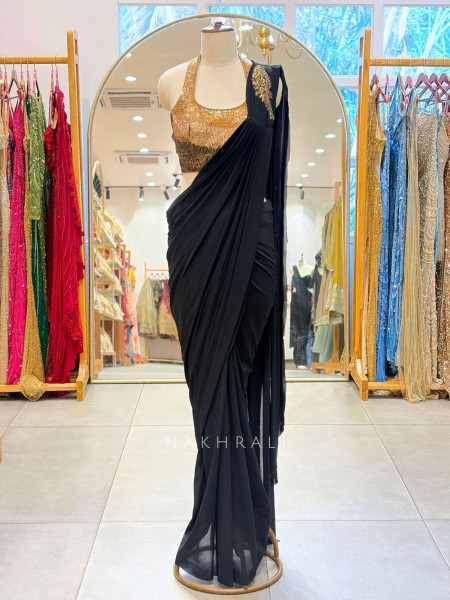 Nyra Black Sequin Blouse Drape Saree Set