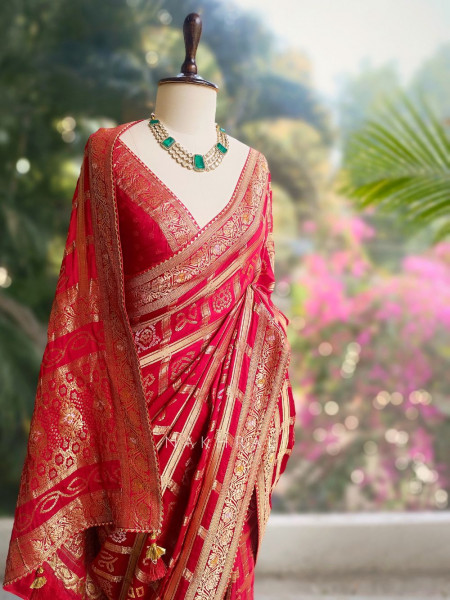 Rangriti Red Bandhani Saree with Gota Border