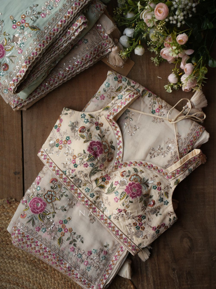Image of Pushpjaal Cream Saree with Heavy Floral Thread Work and Readymade Blouse