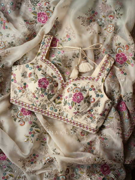 Whispers of Spring Cream Saree with Heavy Floral Thread Work and Readymade Blouse