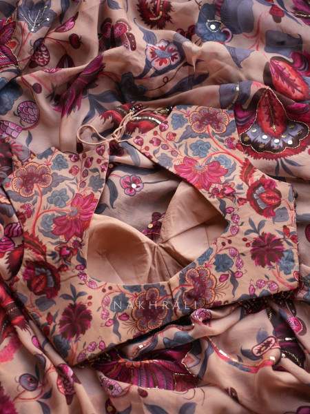 Rosalind Brown Floral Printed Saree with Mirror & Sequin Embellished