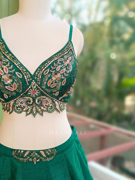 Canvas Green Lehenga Set with Abstract Print Jacket and Cut Dana Work