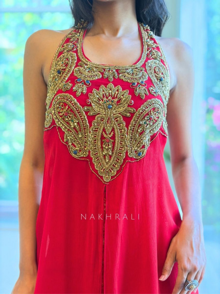 Sutra-Lekha Red Indo Western Palazzo Set With Embellished Yoke