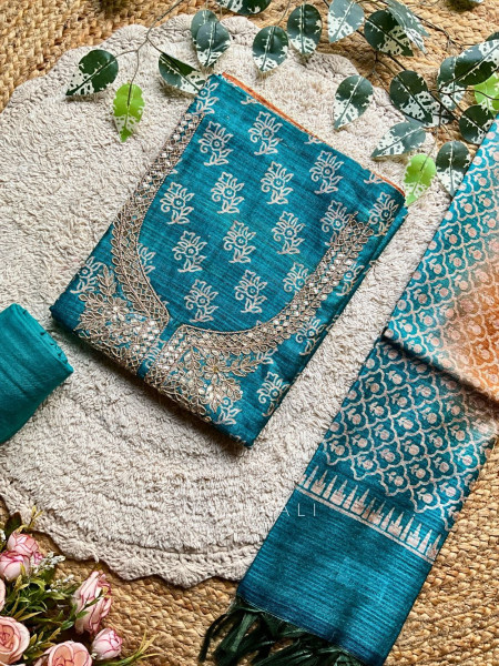 Nooraniya Teal Embroidered Dress Material Set