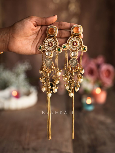 Kaira Peach Kashmiri Long Earrings