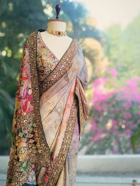 Fiora Multicolor Floral Zari Mirror Saree