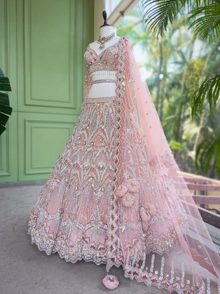 Cosmic Pink Net Lehenga with Beads Sequin and Pearl Work