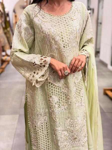 Rivana Green Straight Suit Set with Cutwork and Bead Embroidery