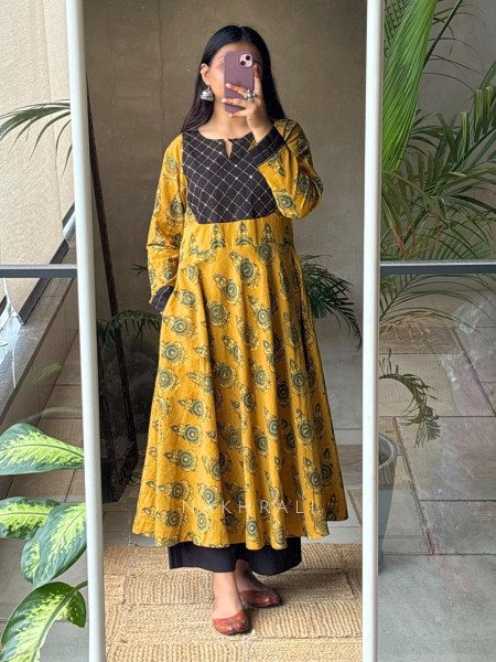 Adaa Yellow Cotton Block Printed Kurta and Palazzo with Handwork Yoke