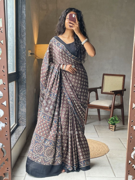 Mrittika Brown Modal Silk Saree With Ajrakh Print