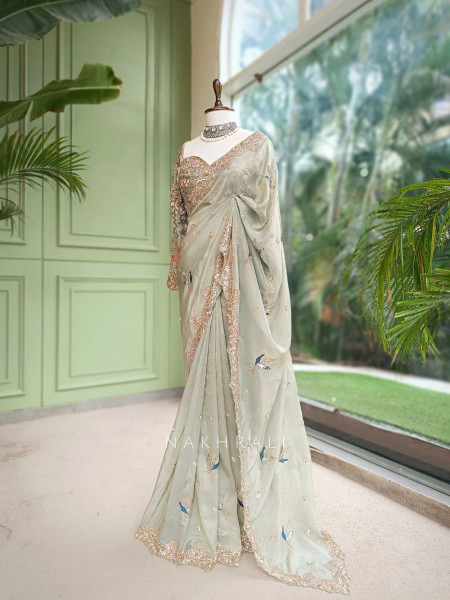 Avian Whimsy Sea Green Pure Organza Saree