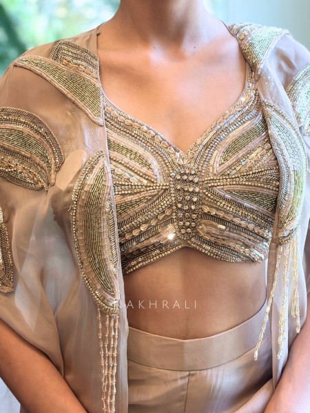 Triven Beige Indo Western Crop Top Palazzo Set