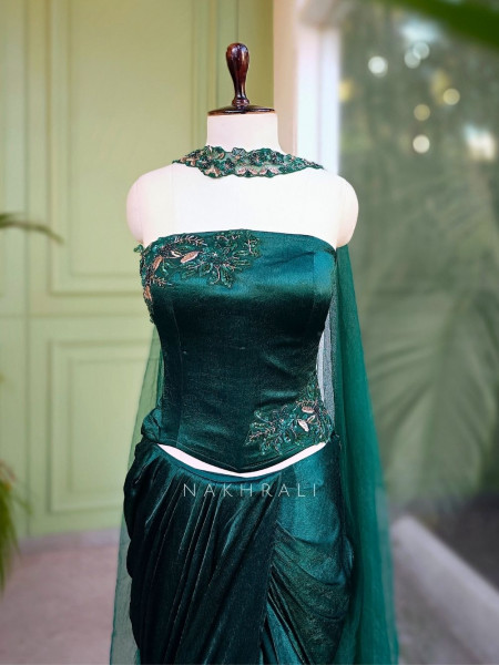 Zarina Green Satin Crop Top Skirt Set with Embroidered Detailing