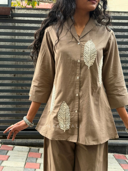 Kivya Brown Cotton Co Ord Set with Embroidered Detailing