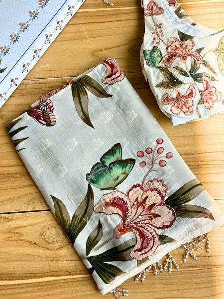 Dahlia Cream Floral Organza Saree with Sequin and Cut Dana Work