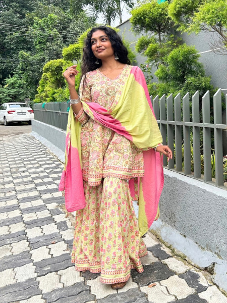 Shanaya Noor Pista Green Cotton Garara Suit Set with Dupatta
