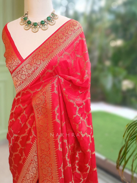 Ridhima Coral Khaddi Georgette Zari Jaal Saree
